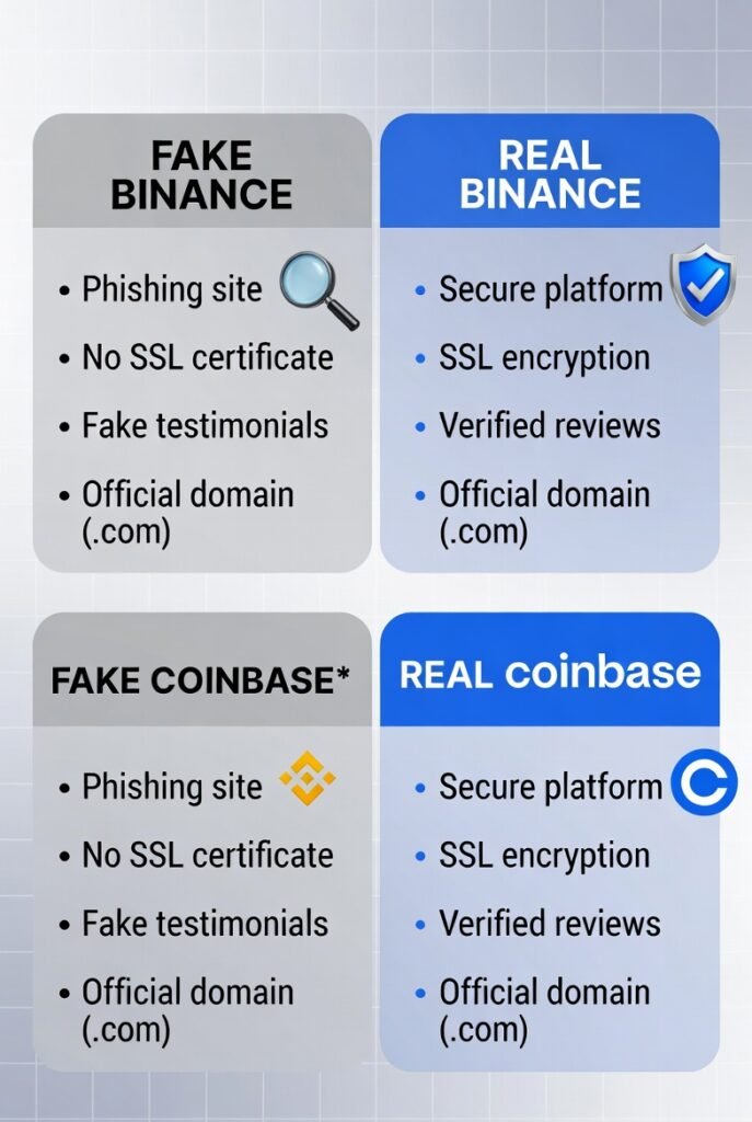Fake crypto exchange scams 2026 warning showing fake Binance and Coinbase platform comparisons