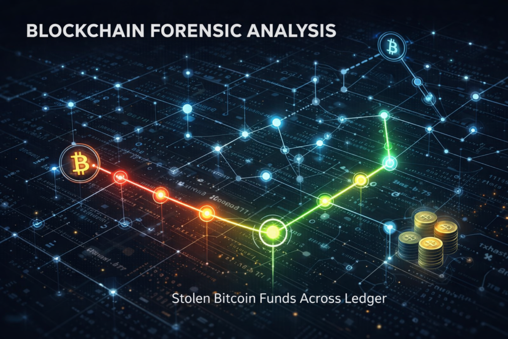 Bitcoin recovery case study showing blockchain forensic analysis tracking stolen funds
