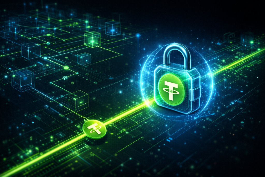 Frozen Tether token in digital lock USDT recovery process showing Tether freeze capabilities and blockchain tracing