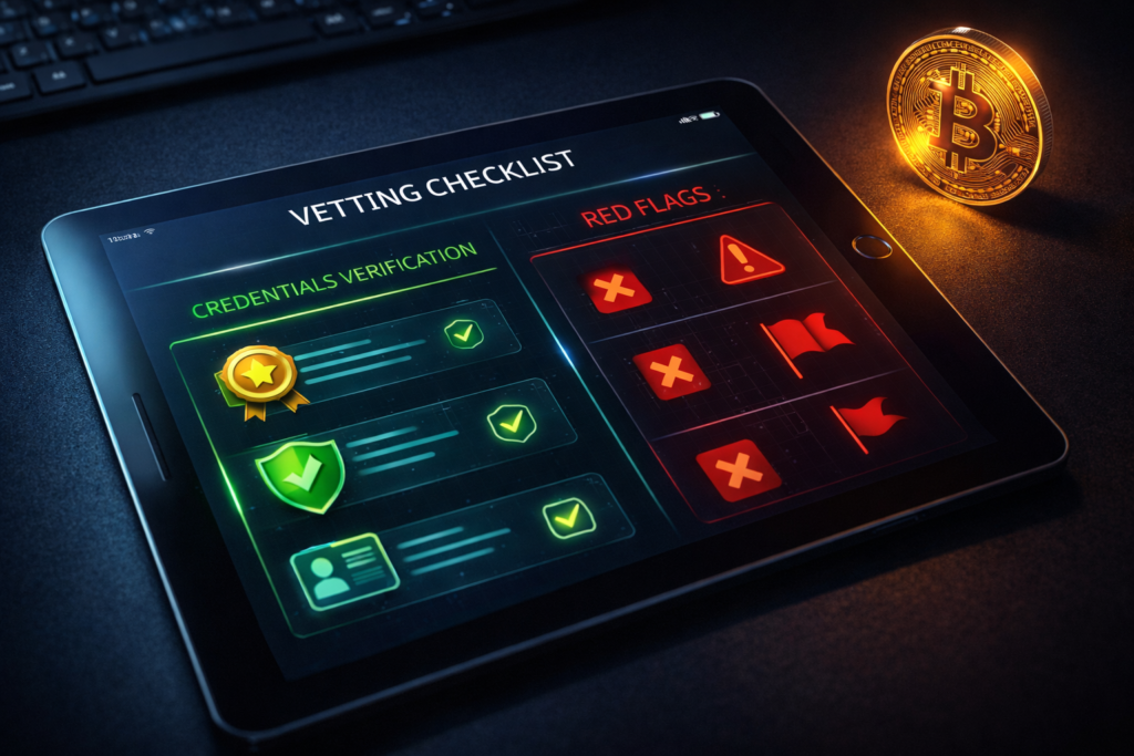 Bitcoin recovery expert vetting checklist showing credentials verification and red flags