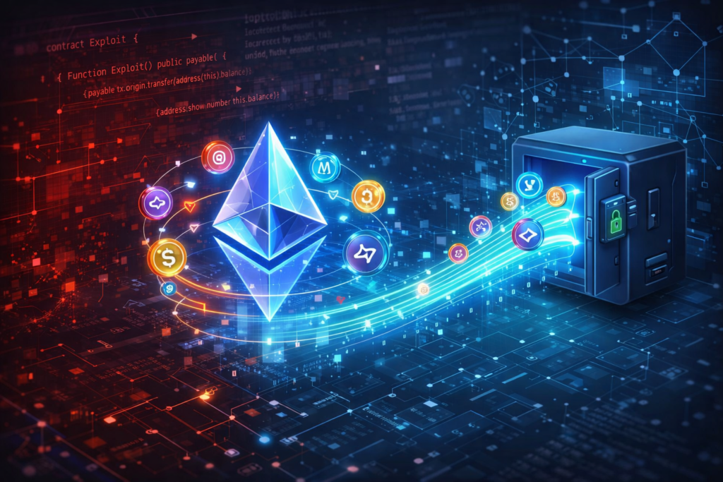 Ethereum logo with blockchain visualization Ethereum recovery process for stolen ETH and ERC-20 tokens